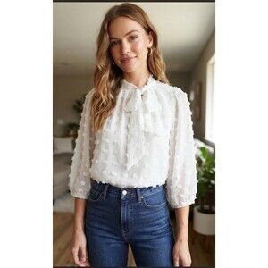 Luna Rae Sz S White Swiss Dot Blouse Top Medium Boho Tiered Tie Neck Long Sleeve
